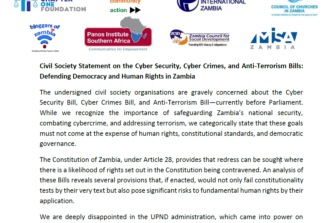 Civil Society Statement on the Cyber Security, Cyber Crimes, and Anti-Terrorism Bills: Defending Democracy and Human Rights in Zambia